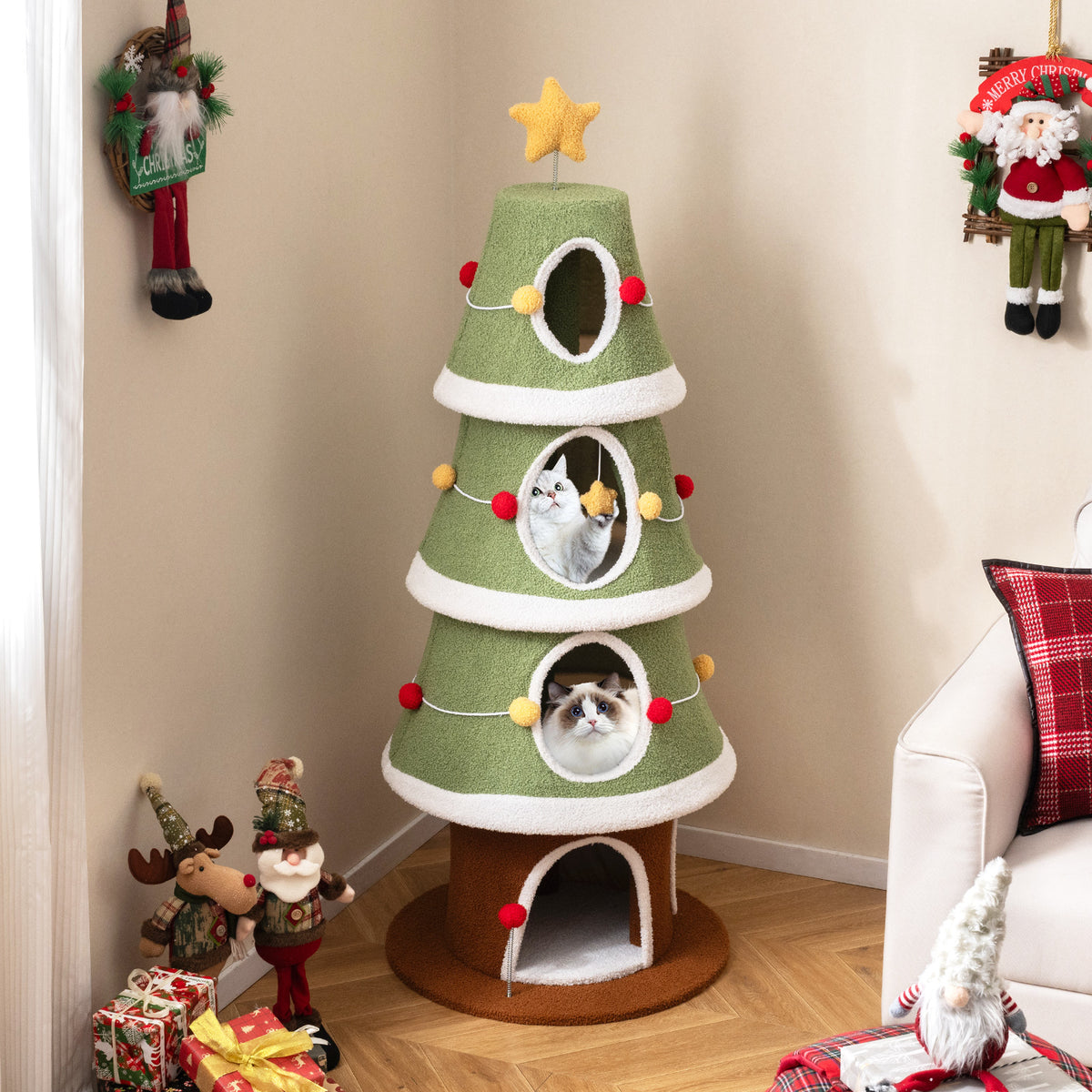 Large Green Christmas Cat Tree for Indoor Cats 61 Inch with 4 Condos & Festive Decor Variation: Large Christmas Cat Tree, Green