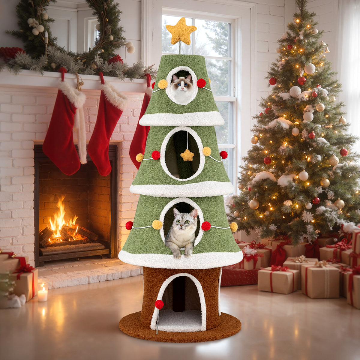 Large Green Christmas Cat Tree for Indoor Cats 61 Inch with 4 Condos & Festive Decor Variation: Large Christmas Cat Tree, Green