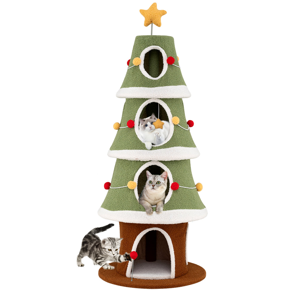 Large Green Christmas Cat Tree for Indoor Cats 61 Inch with 4 Condos & Festive Decor Variation: Large Christmas Cat Tree, Green