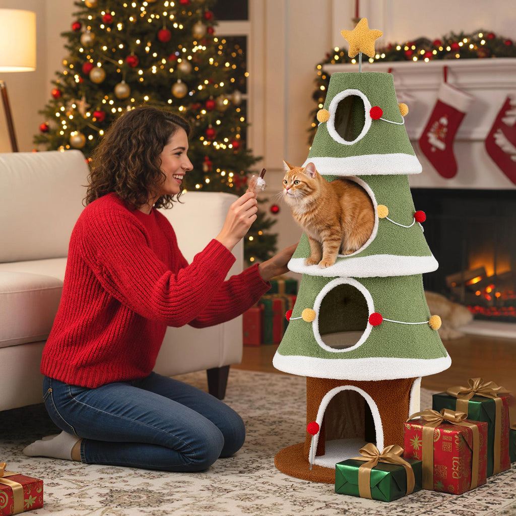 Large Green Christmas Cat Tree for Indoor Cats 61 Inch with 4 Condos & Festive Decor Variation: Large Christmas Cat Tree, Green