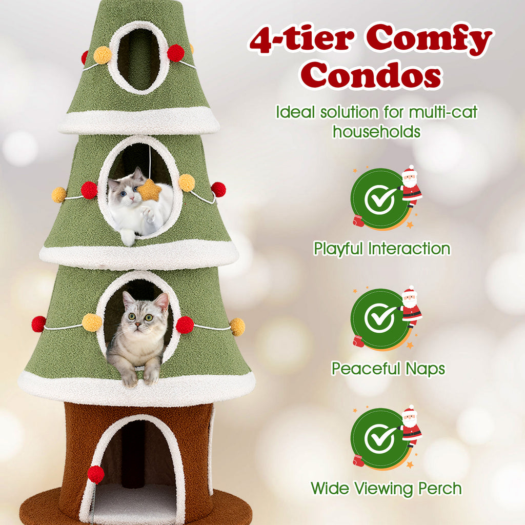 Large Green Christmas Cat Tree for Indoor Cats 61 Inch with 4 Condos & Festive Decor Variation: Large Christmas Cat Tree, Green