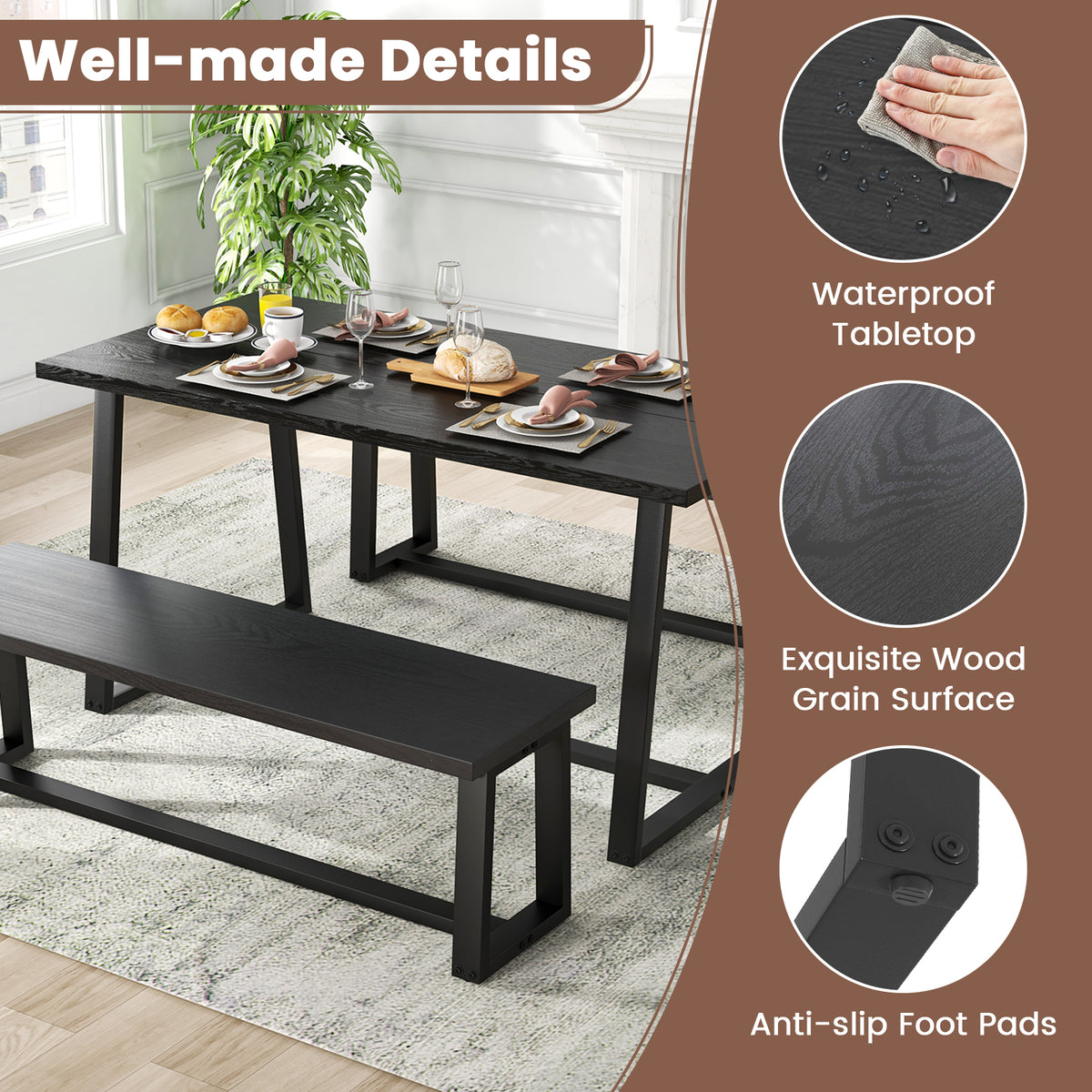 Large Dining Table with Metal Frame, Black - Regular Design