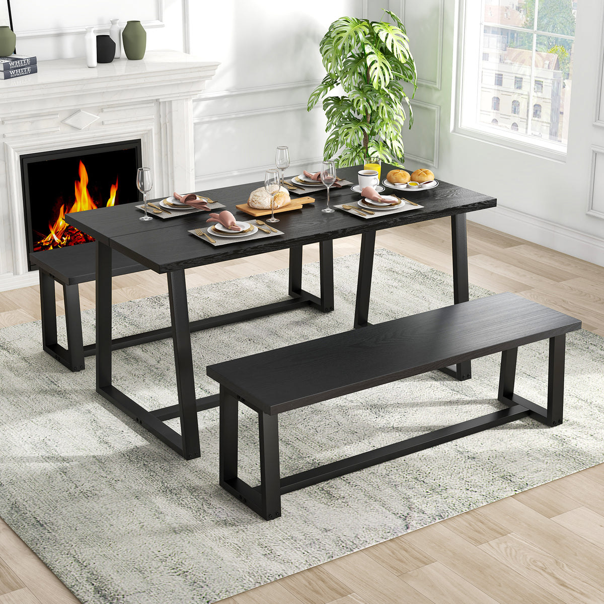 Large Dining Table with Metal Frame, Black - Regular Design