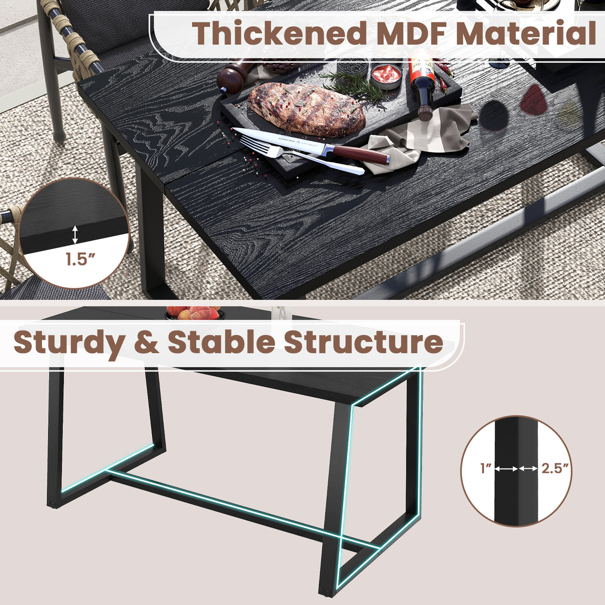 Large Dining Table with Metal Frame, Black - Regular Design