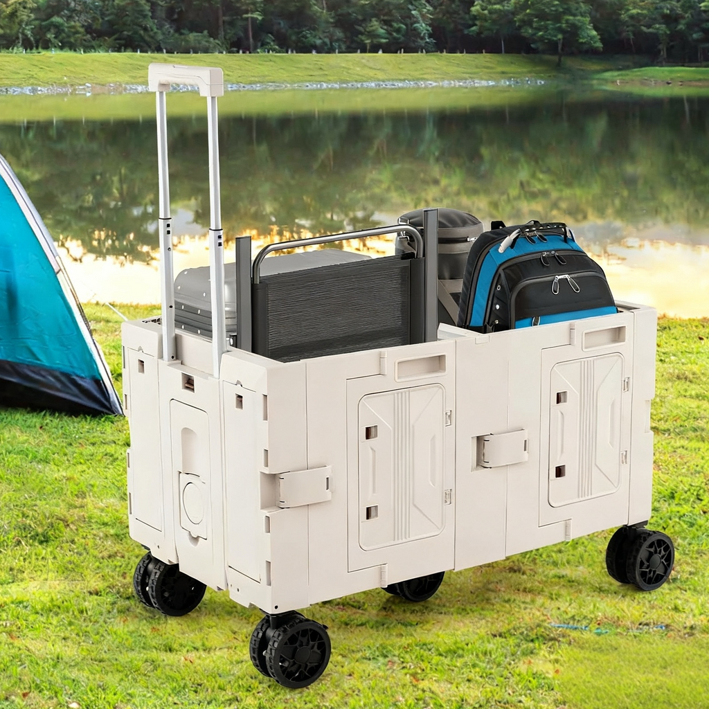 Large Foldable Utility Cart with 2-Tier Storage Crates and