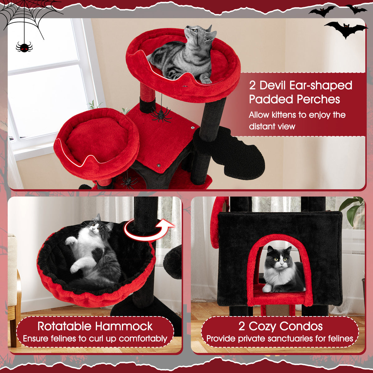 Large Gothic Cat Tree with Condos & Plush Perches - Black & Red Variation of THIS listing