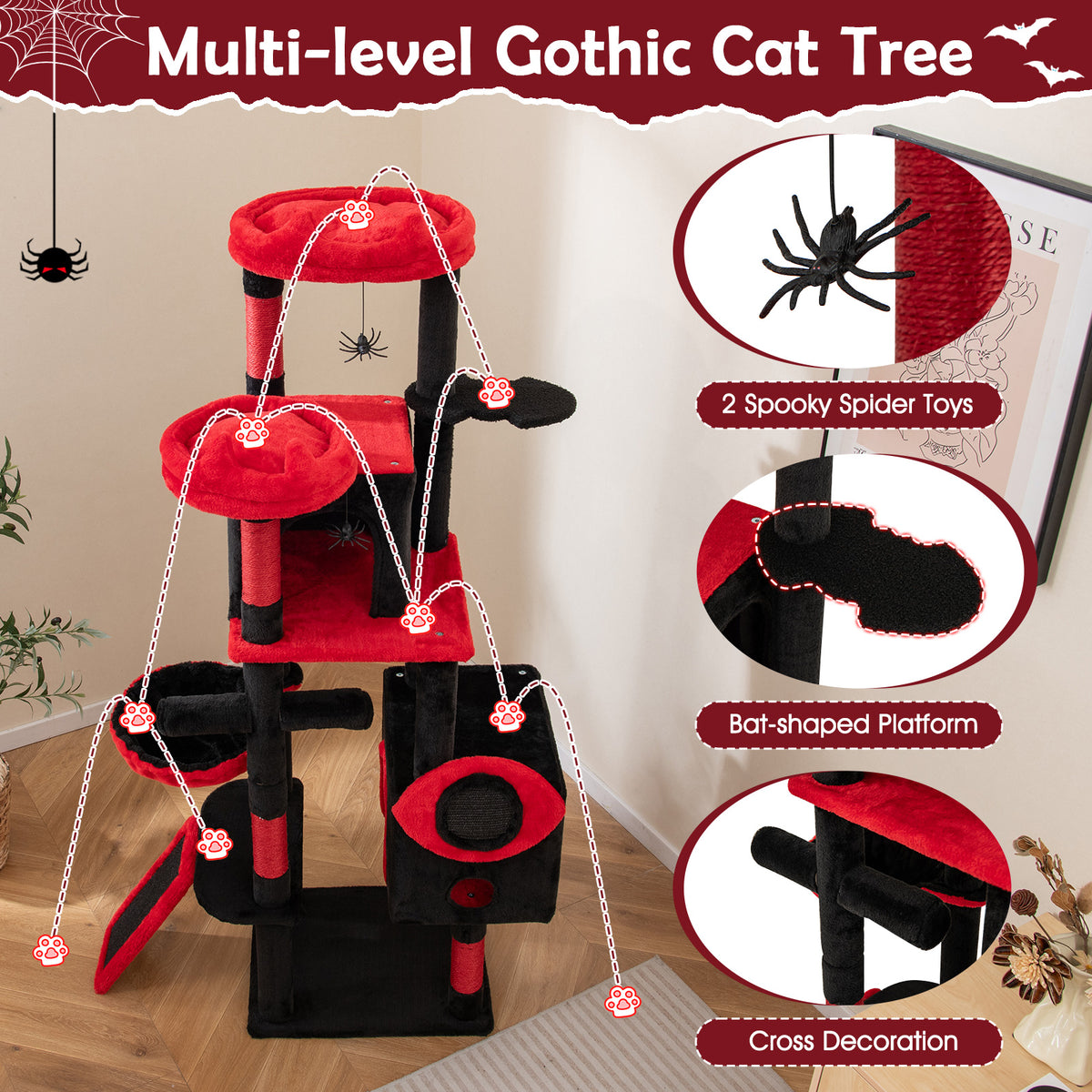 Large Gothic Cat Tree with Condos & Plush Perches - Black & Red Variation of THIS listing