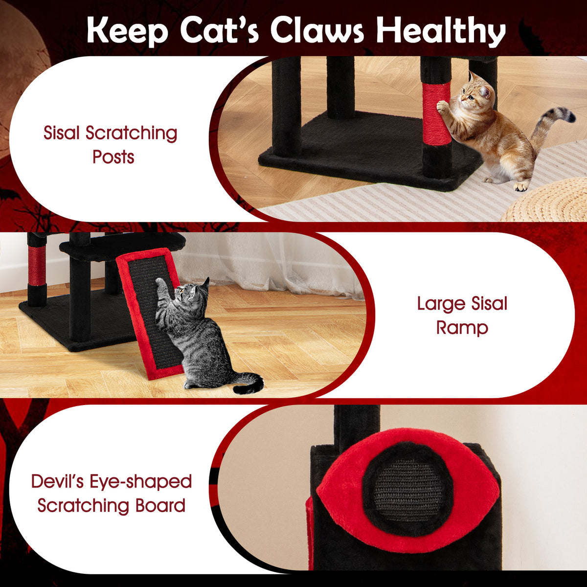 Large Gothic Cat Tree with Condos & Plush Perches - Black & Red Variation of THIS listing