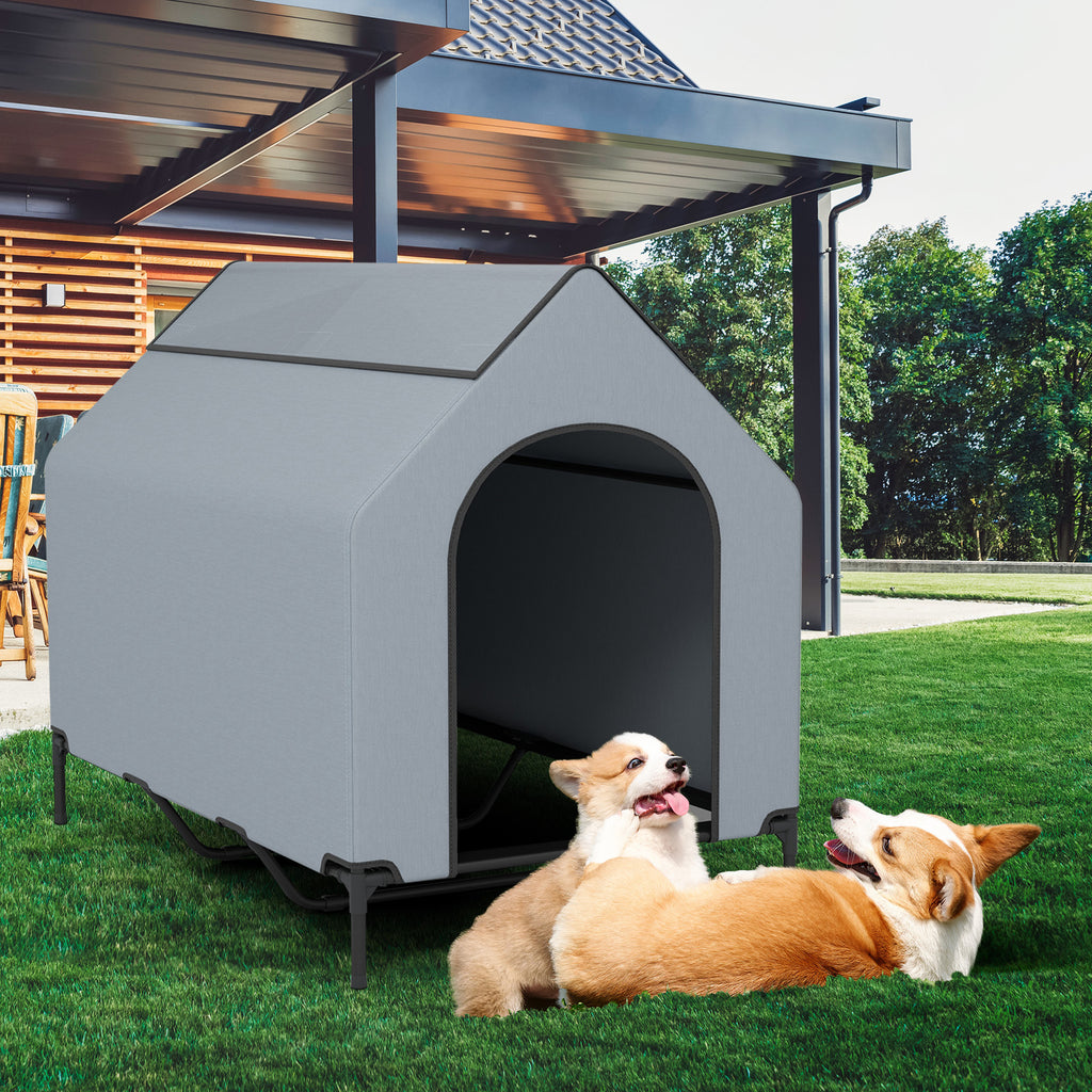 Outdoor Elevated Pet House with Ventilated Windows - 3 Sizes, Waterproof Oxford Cover