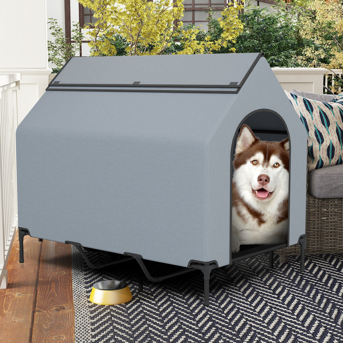 Outdoor Elevated Pet House with Ventilated Windows - 3 Sizes, Waterproof Oxford Cover