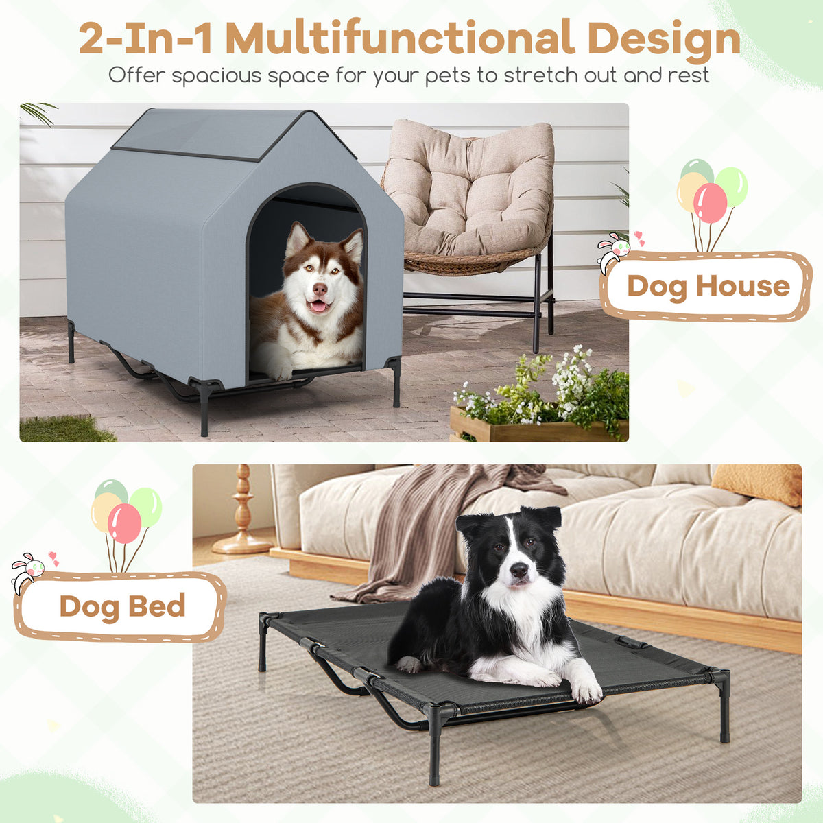 Outdoor Elevated Pet House with Ventilated Windows - 3 Sizes, Waterproof Oxford Cover