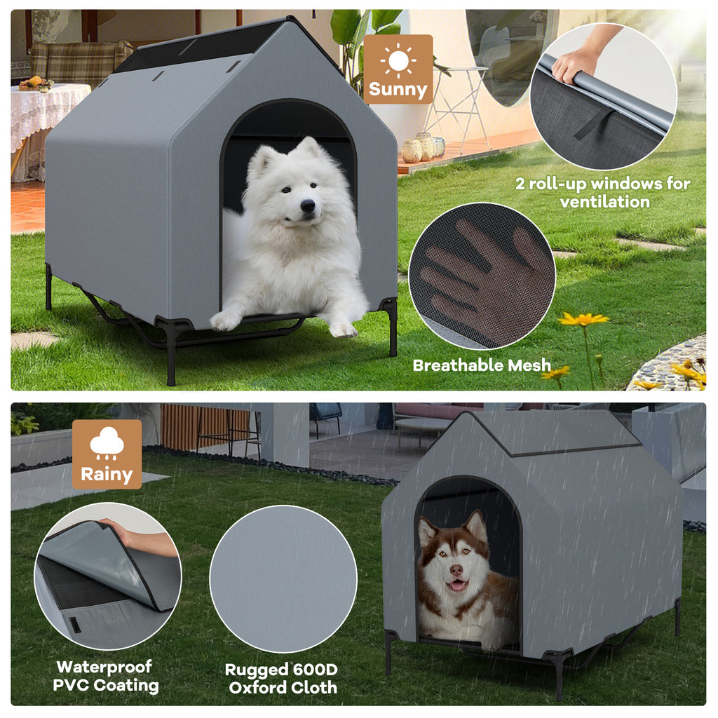 Outdoor Elevated Pet House with Ventilated Windows - 3 Sizes, Waterproof Oxford Cover