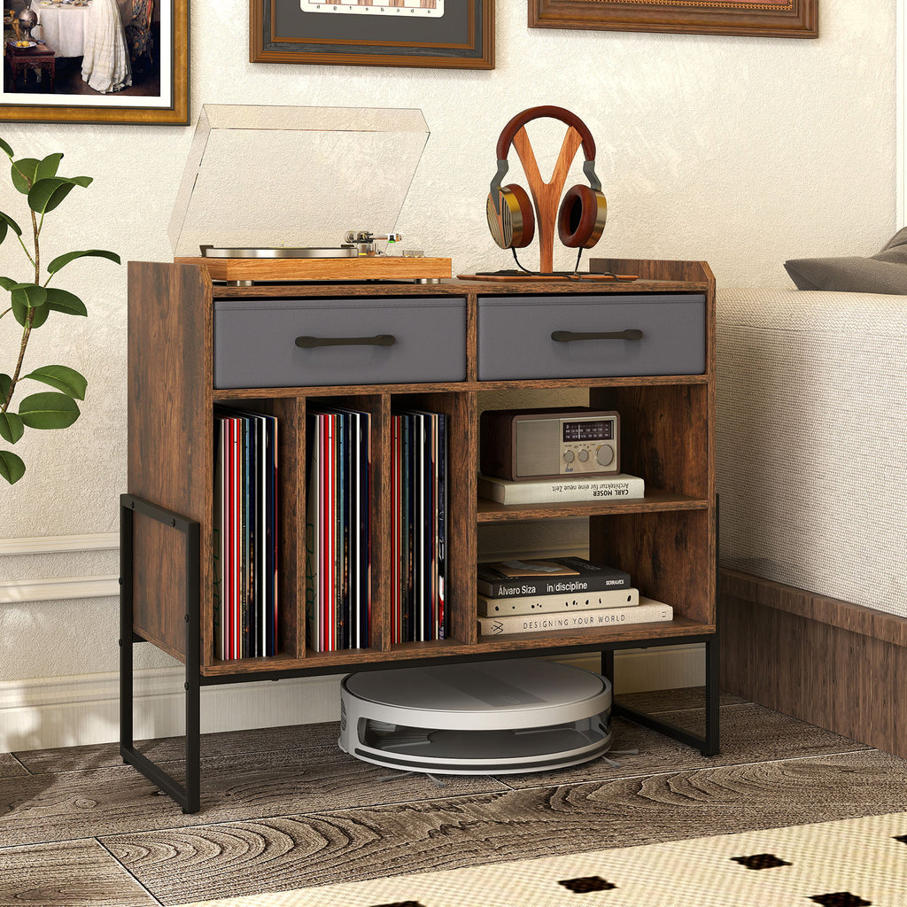Large Record Player Stand with Charging Station, Rustic Brown