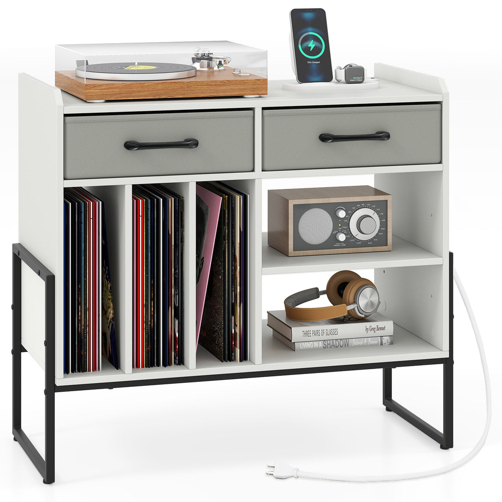 Large Record Player Stand with Charging Station, White
