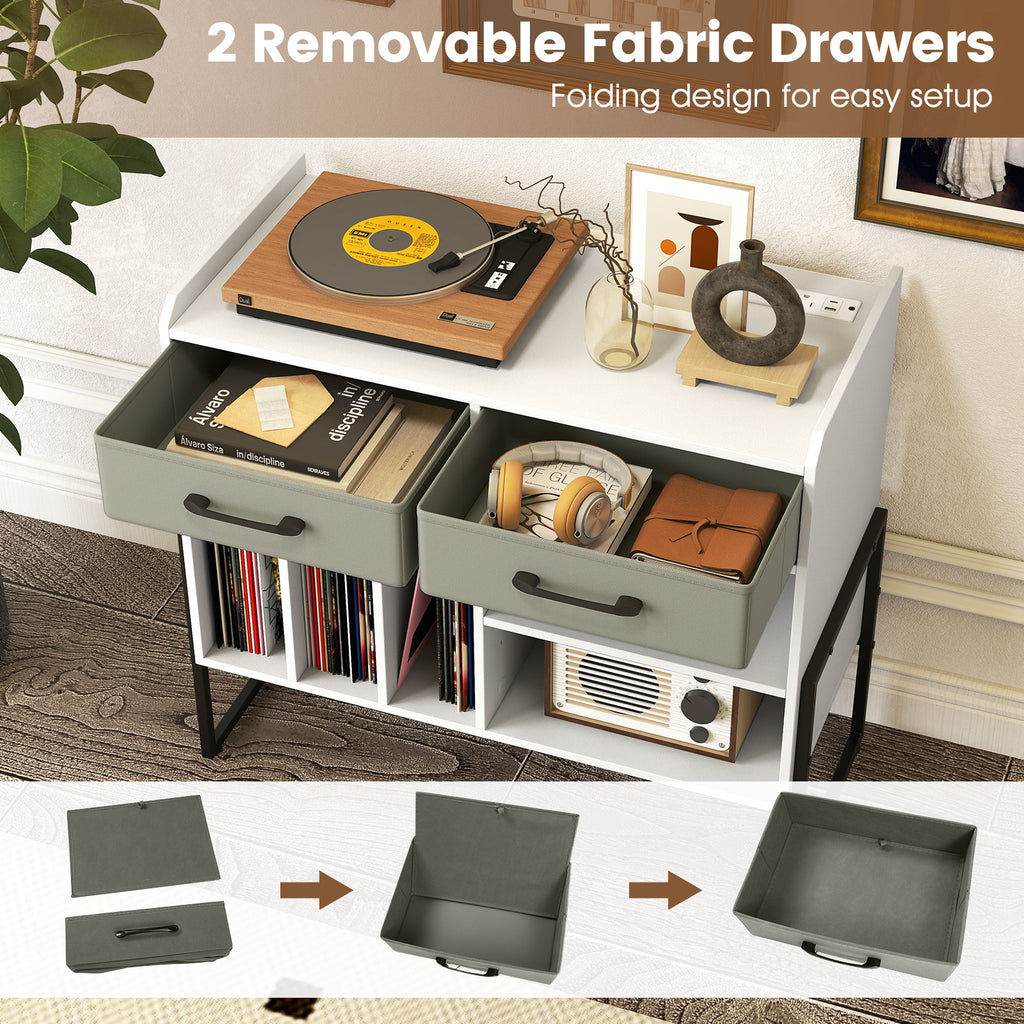 Large Record Player Stand with Charging Station, White
