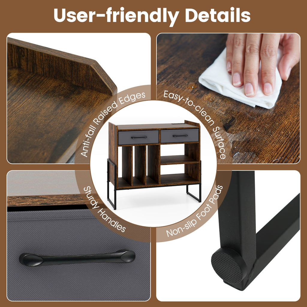 Large Record Player Stand with Charging Station, Rustic Brown