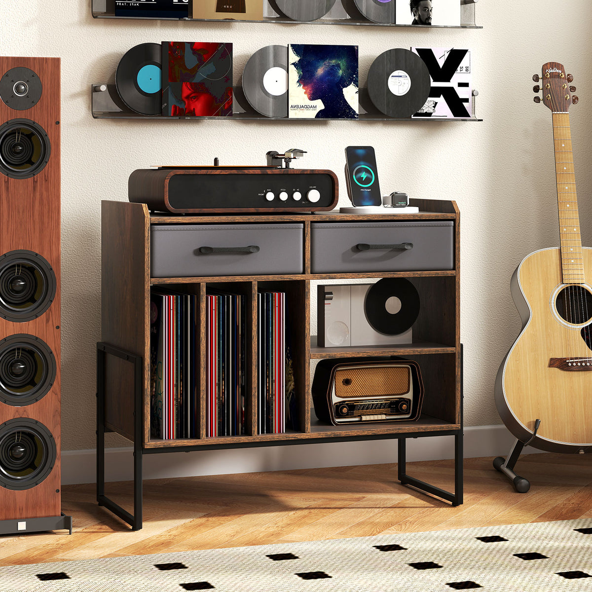 Large Record Player Stand with Charging Station, Rustic Brown