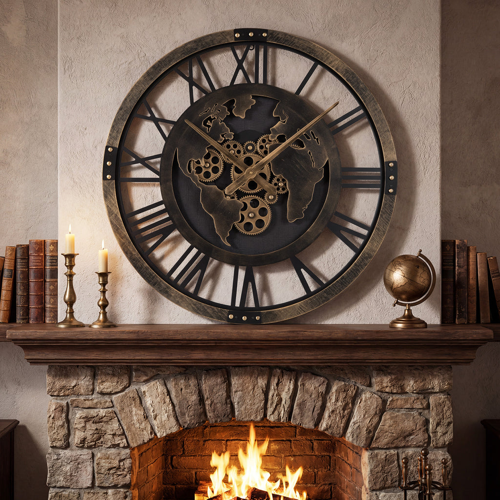 Gear Wall Clock with World Map - 27 Inch Metal Frame, Brown, with Map Design - Variation of THIS listing