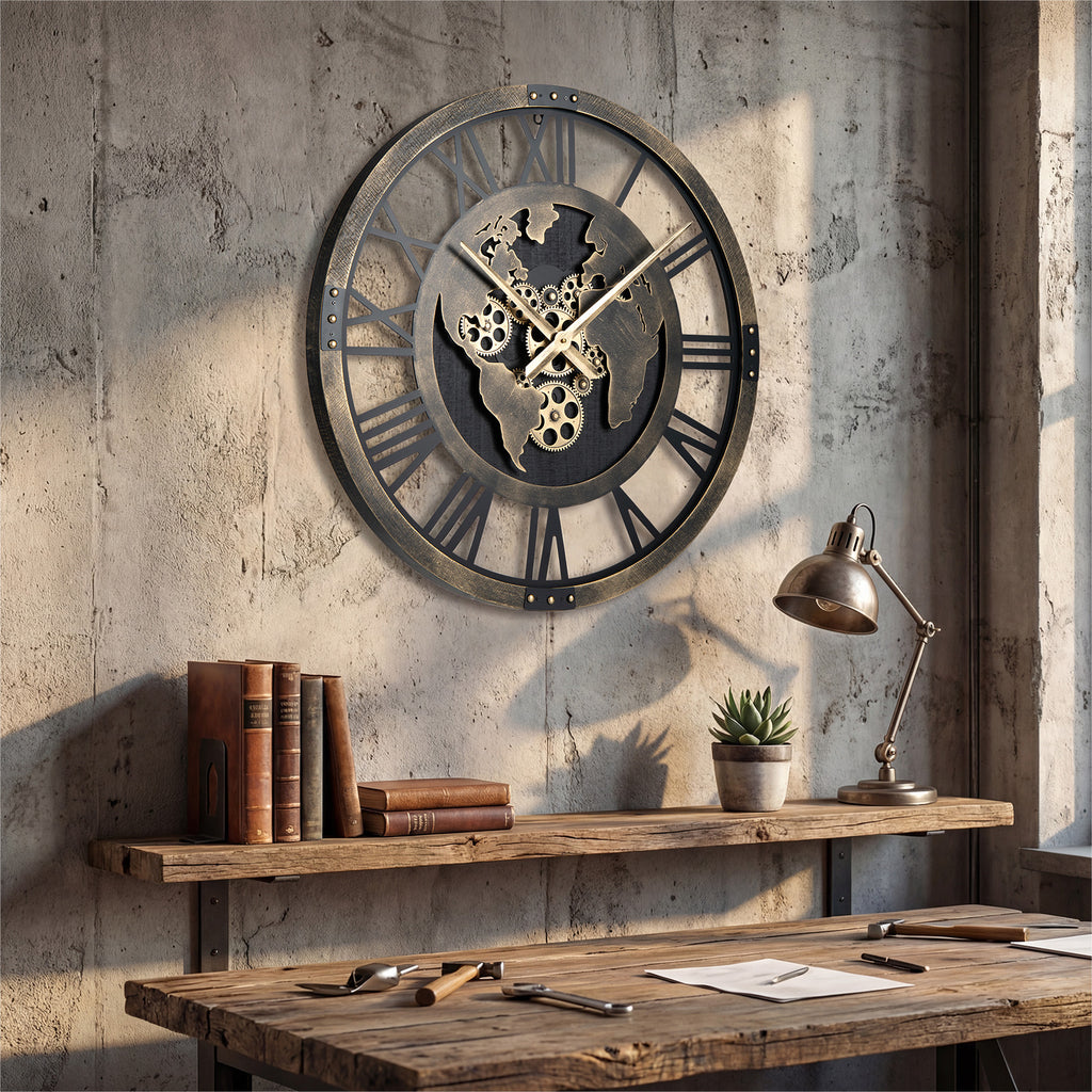 Gear Wall Clock with World Map - 27 Inch Metal Frame, Brown, with Map Design - Variation of THIS listing