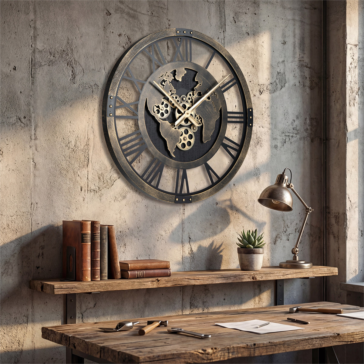 Gear Wall Clock with World Map - 27 Inch Metal Frame, Brown, with Map Design - Variation of THIS listing