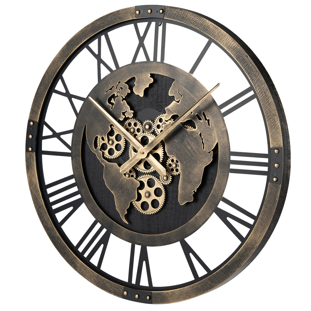 Gear Wall Clock with World Map - 27 Inch Metal Frame, Brown, with Map Design - Variation of THIS listing