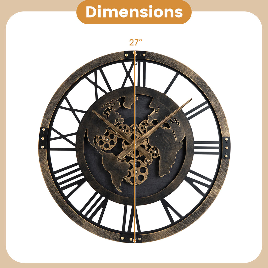 Gear Wall Clock with World Map - 27 Inch Metal Frame, Brown, with Map Design - Variation of THIS listing