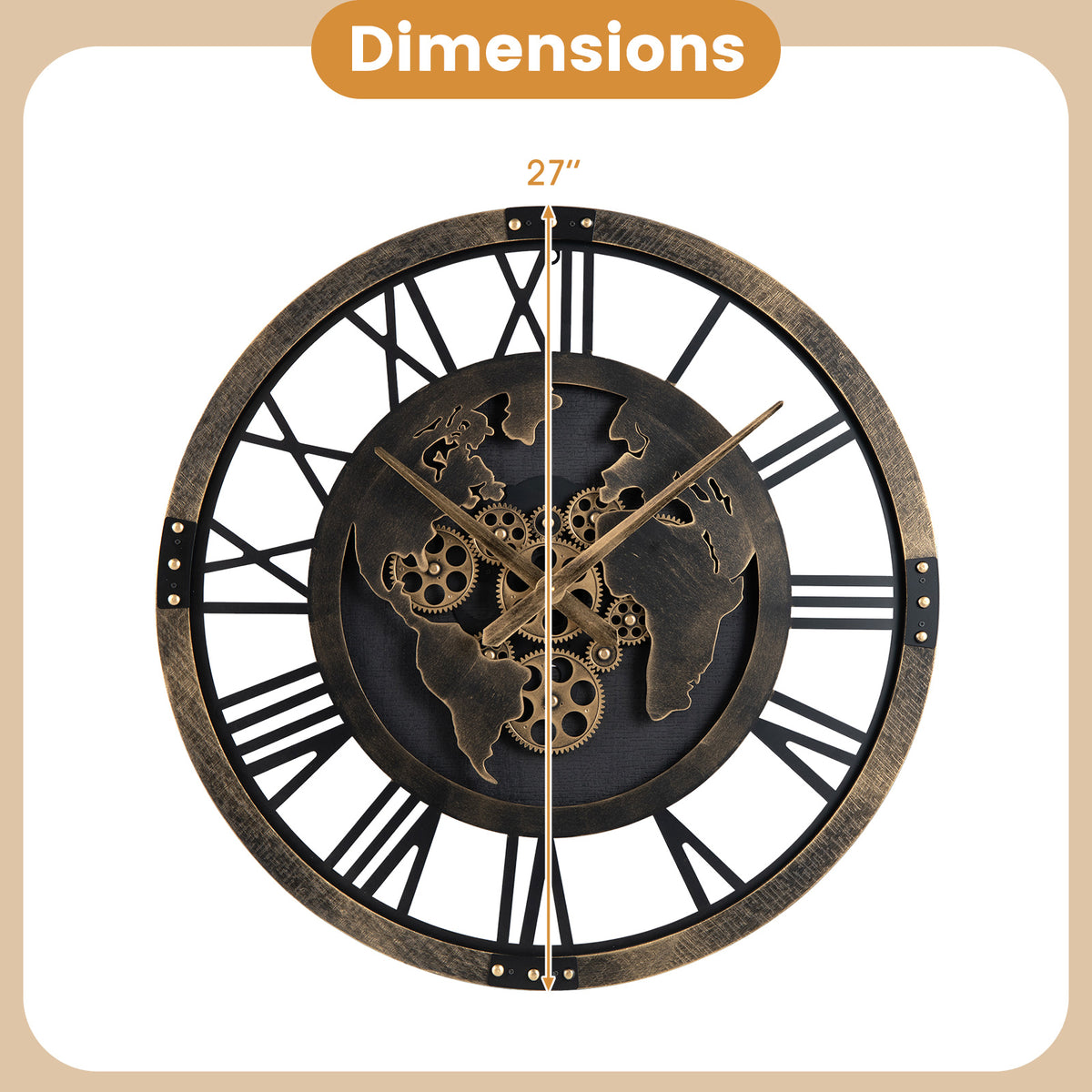 Gear Wall Clock with World Map - 27 Inch Metal Frame, Brown, with Map Design - Variation of THIS listing