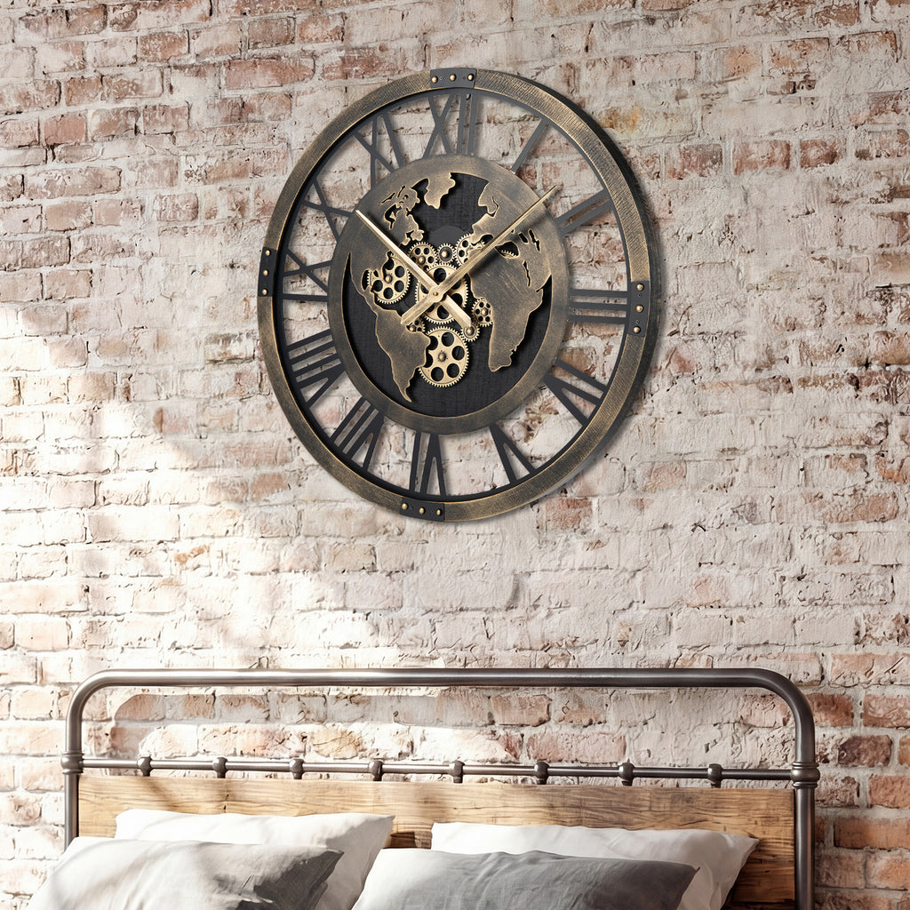 Gear Wall Clock with World Map - 27 Inch Metal Frame, Brown, with Map Design - Variation of THIS listing