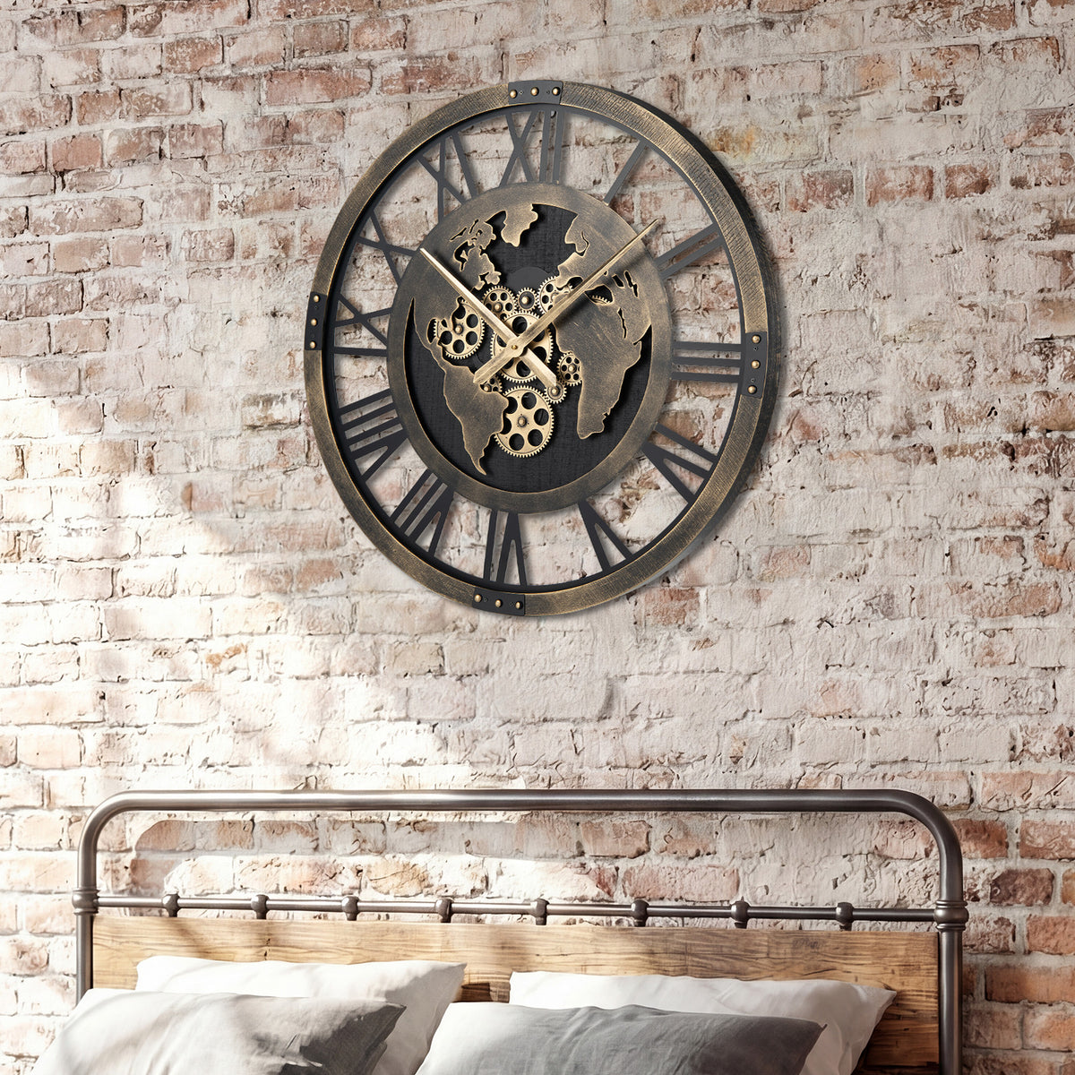 Gear Wall Clock with World Map - 27 Inch Metal Frame, Brown, with Map Design - Variation of THIS listing