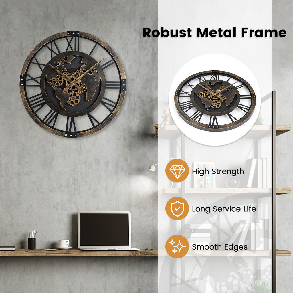 Gear Wall Clock with World Map - 27 Inch Metal Frame, Brown, with Map Design - Variation of THIS listing