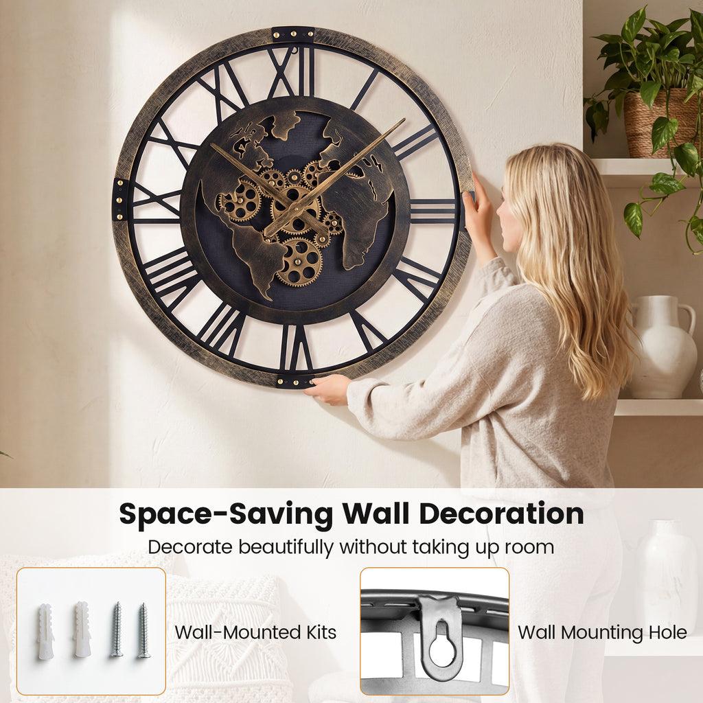 Gear Wall Clock with World Map - 27 Inch Metal Frame, Brown, with Map Design - Variation of THIS listing
