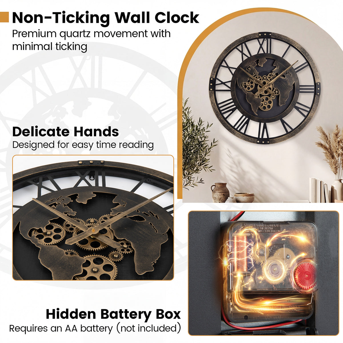 Gear Wall Clock with World Map - 27 Inch Metal Frame, Brown, with Map Design - Variation of THIS listing