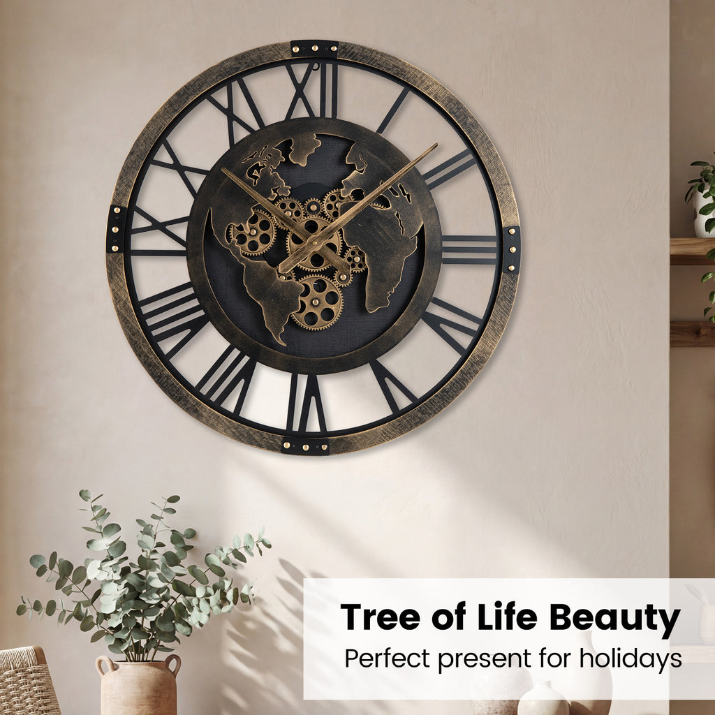 Gear Wall Clock with World Map - 27 Inch Metal Frame, Brown, with Map Design - Variation of THIS listing