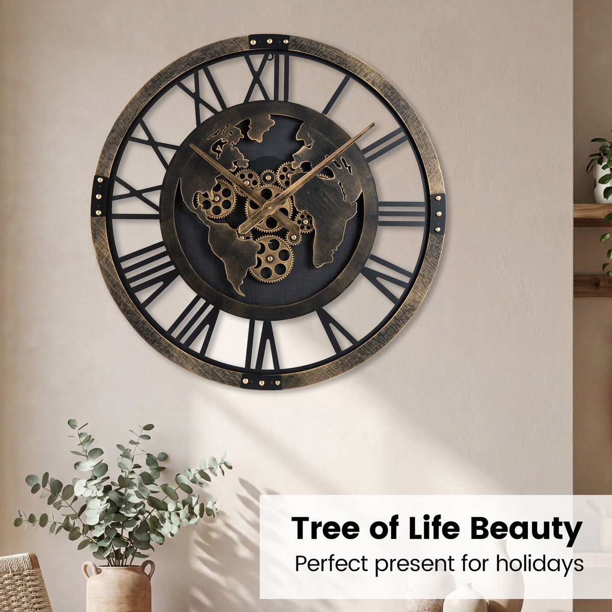 Gear Wall Clock with World Map - 27 Inch Metal Frame, Brown, with Map Design - Variation of THIS listing