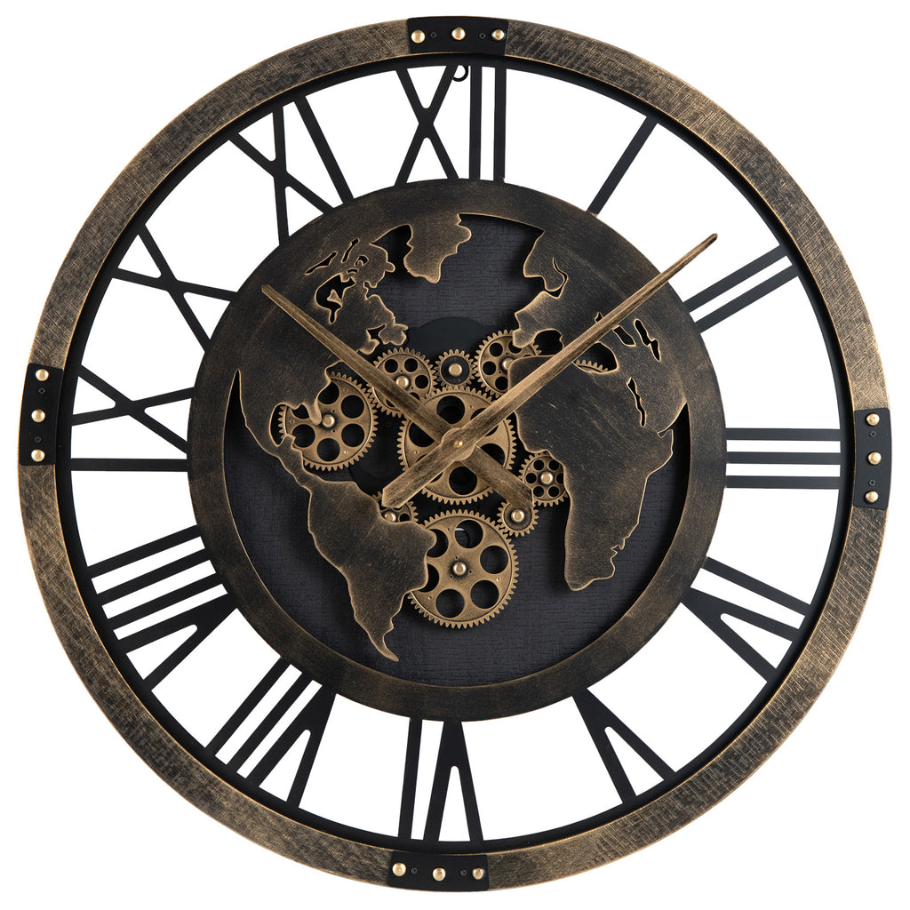 Gear Wall Clock with World Map - 27 Inch Metal Frame, Brown, with Map Design - Variation of THIS listing