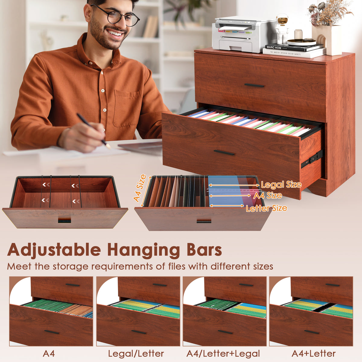 2-Drawer Lateral File Cabinet with Adjustable Hanging Bars for Home