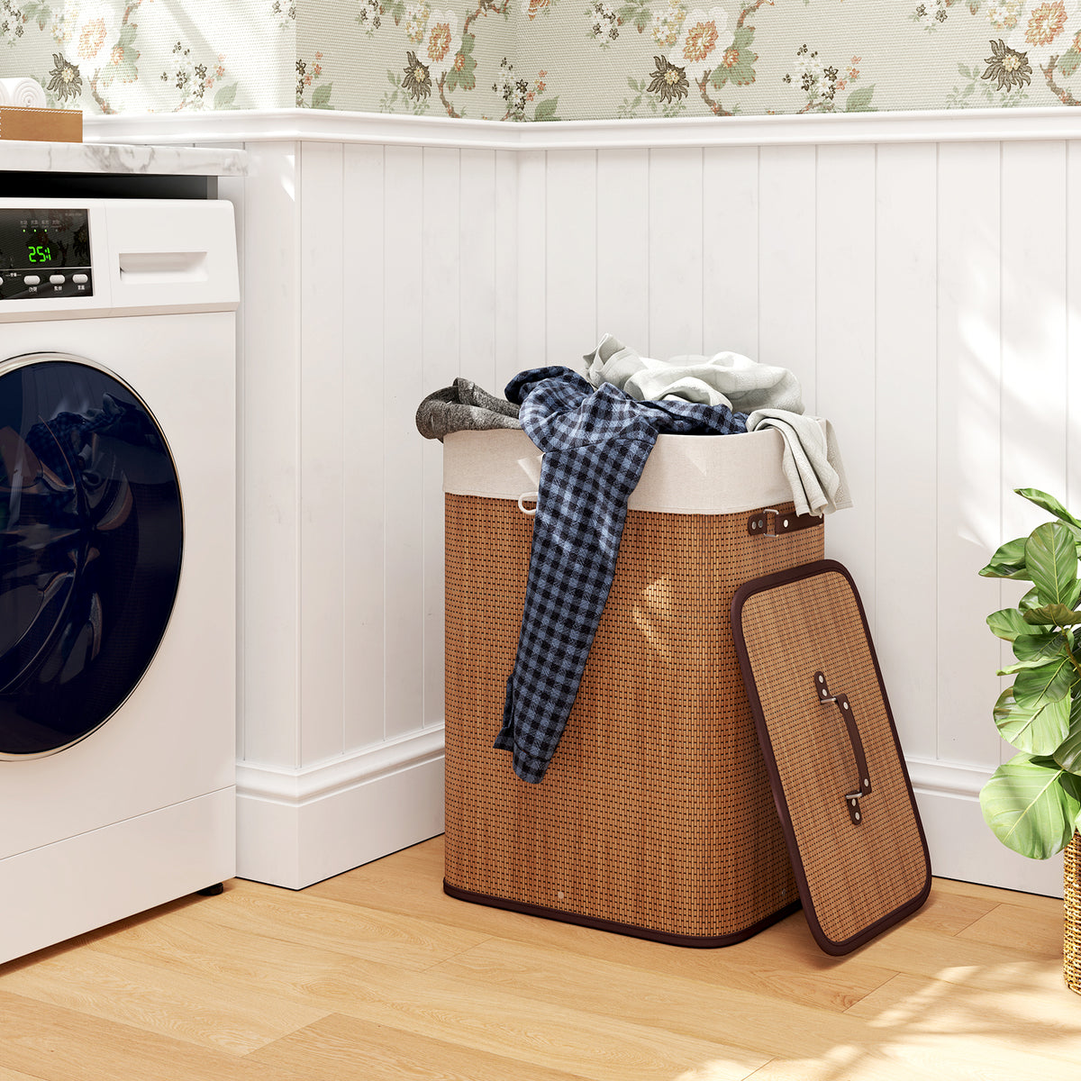 19 Gal Rectangle Laundry Basket Bamboo Clothes Hamper with Handles