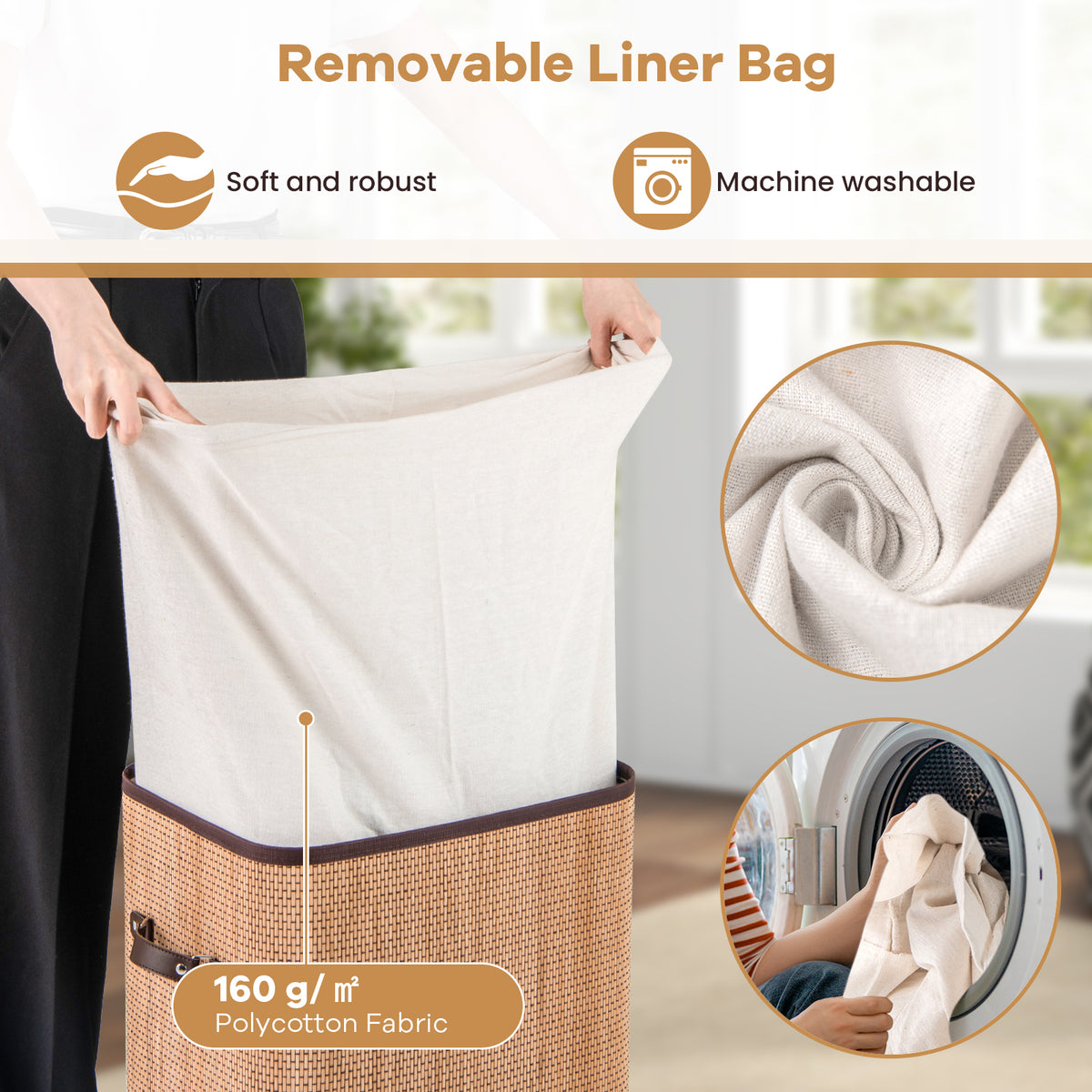19 Gal Rectangle Laundry Basket Bamboo Clothes Hamper with Handles