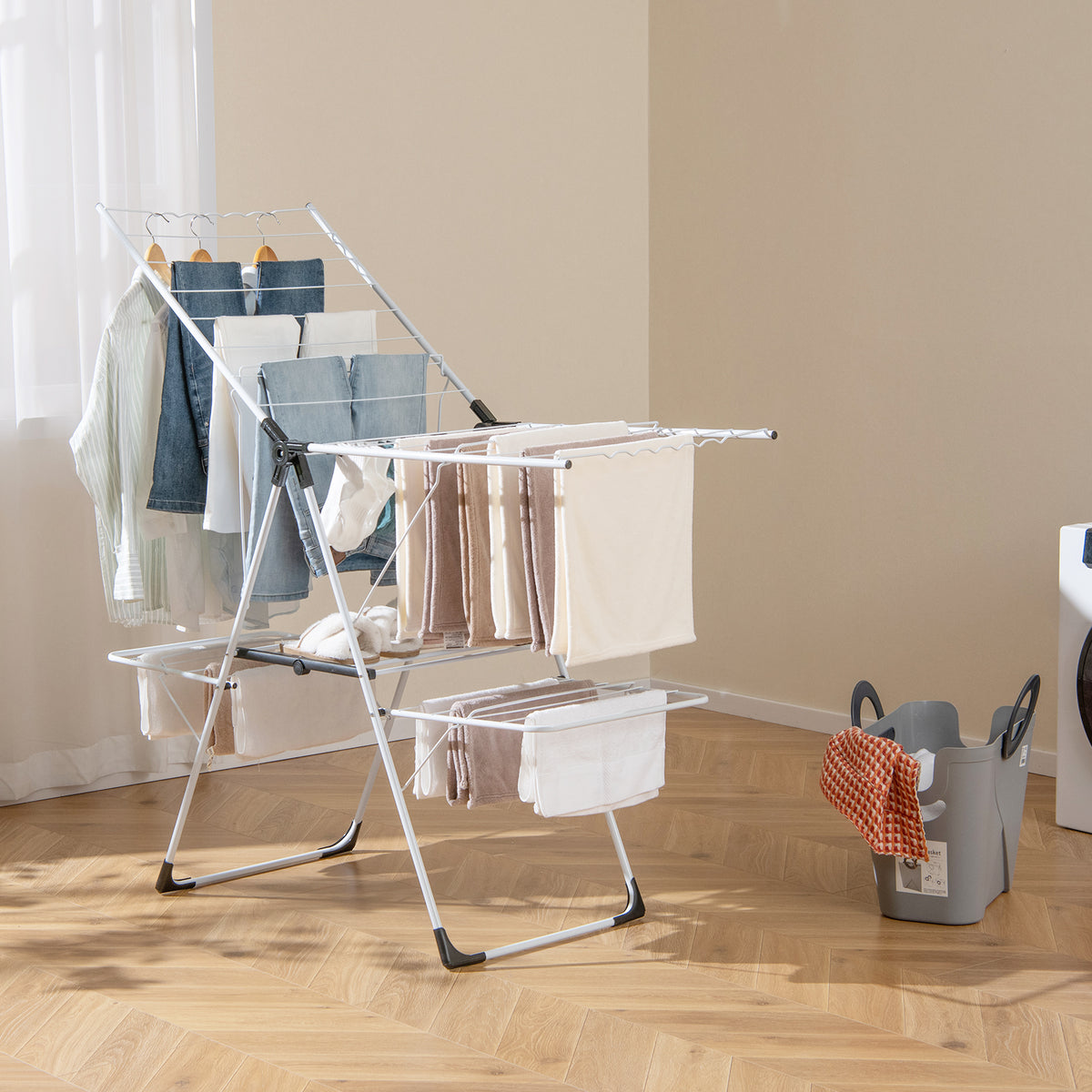 2-Level Laundry Drying Rack with Adjustable Wings & Sock Clips