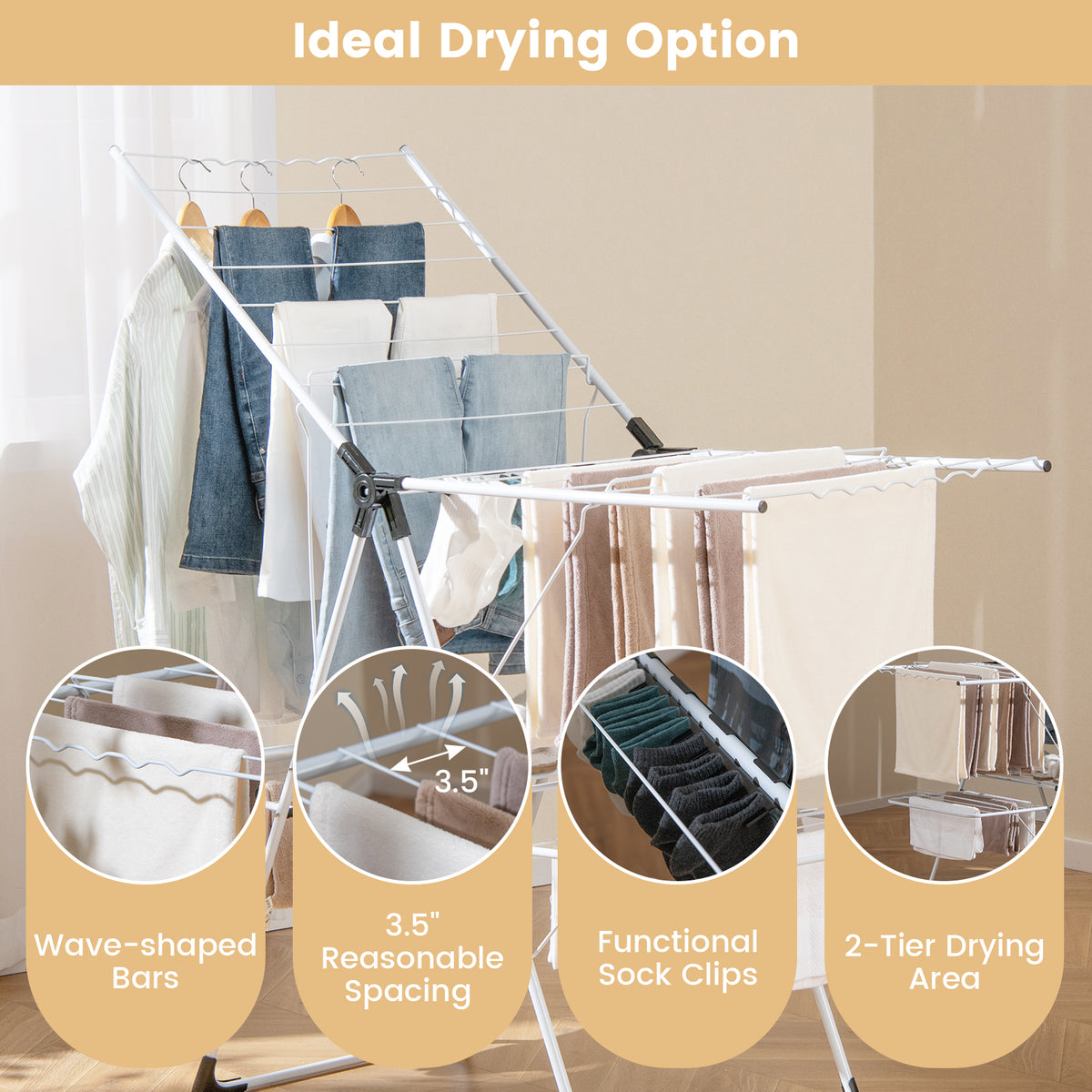 2-Level Laundry Drying Rack with Adjustable Wings & Sock Clips