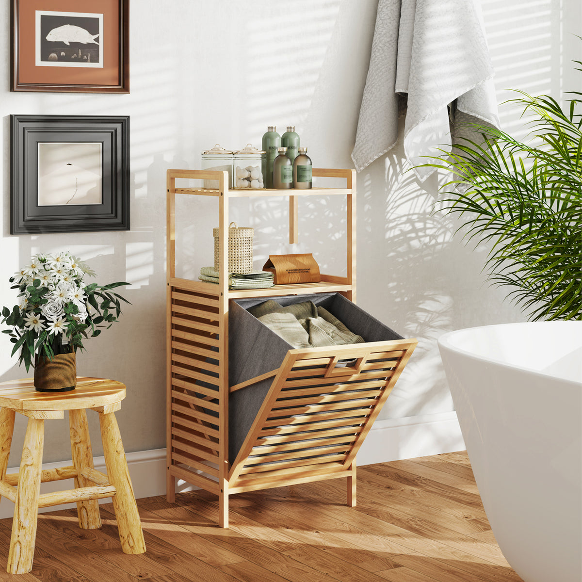 2-Tier Tilt out Laundry Hamper with Foldable and Removable Basket