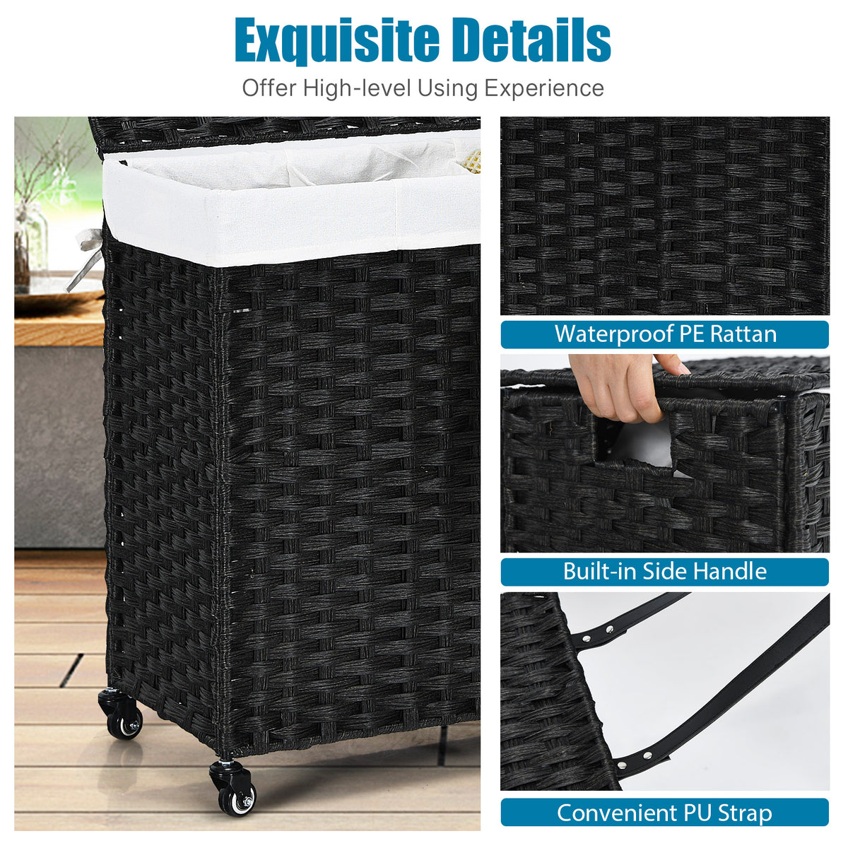 Laundry Hamper with Wheels and Lid - Black