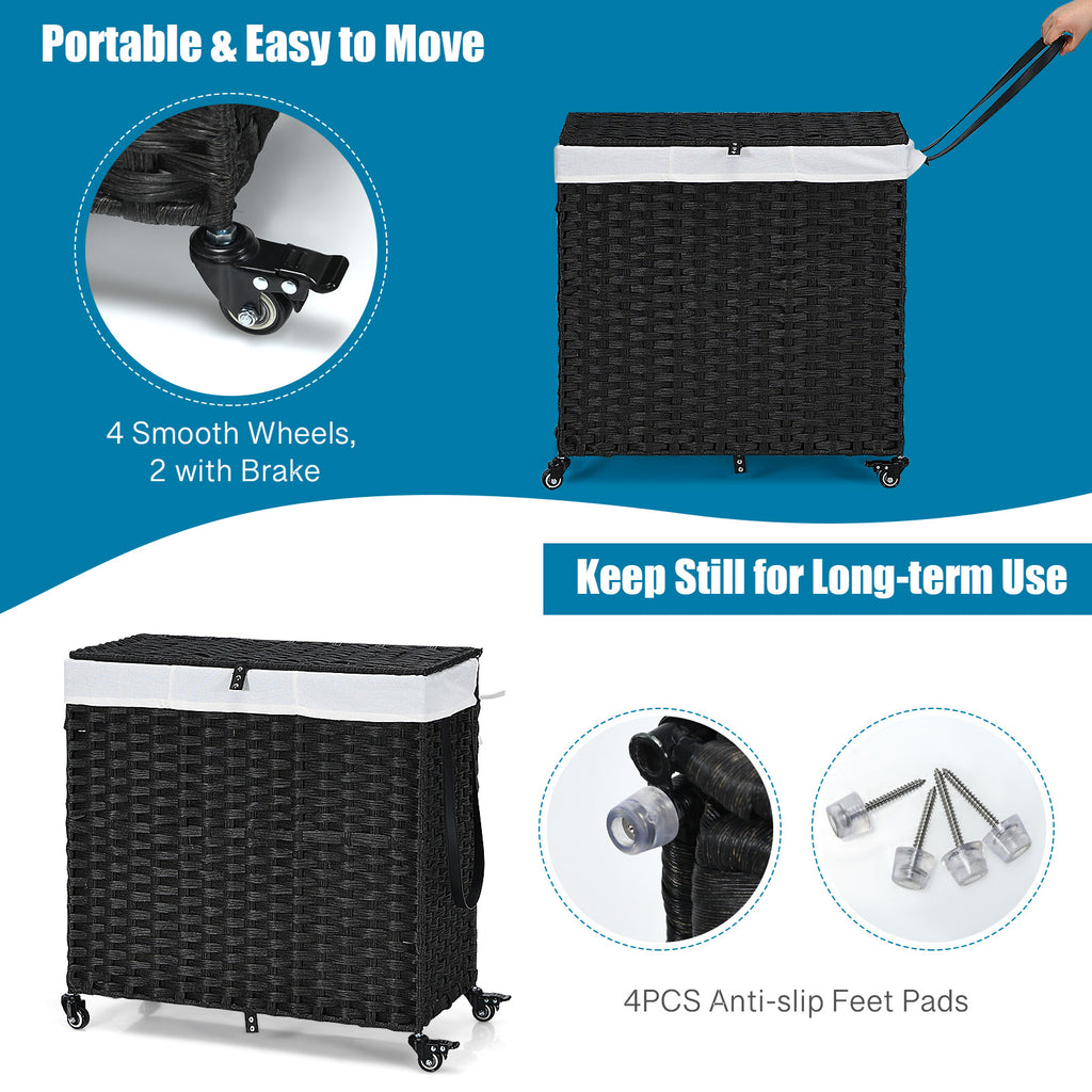 Laundry Hamper with Wheels and Lid - Black