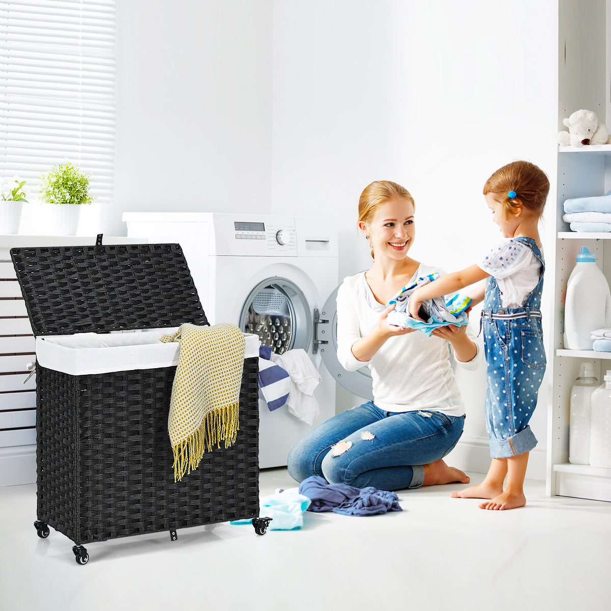 Laundry Hamper with Wheels and Lid - Black