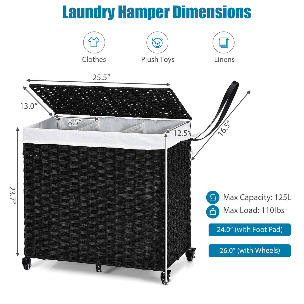 Laundry Hamper with Wheels and Lid - Black