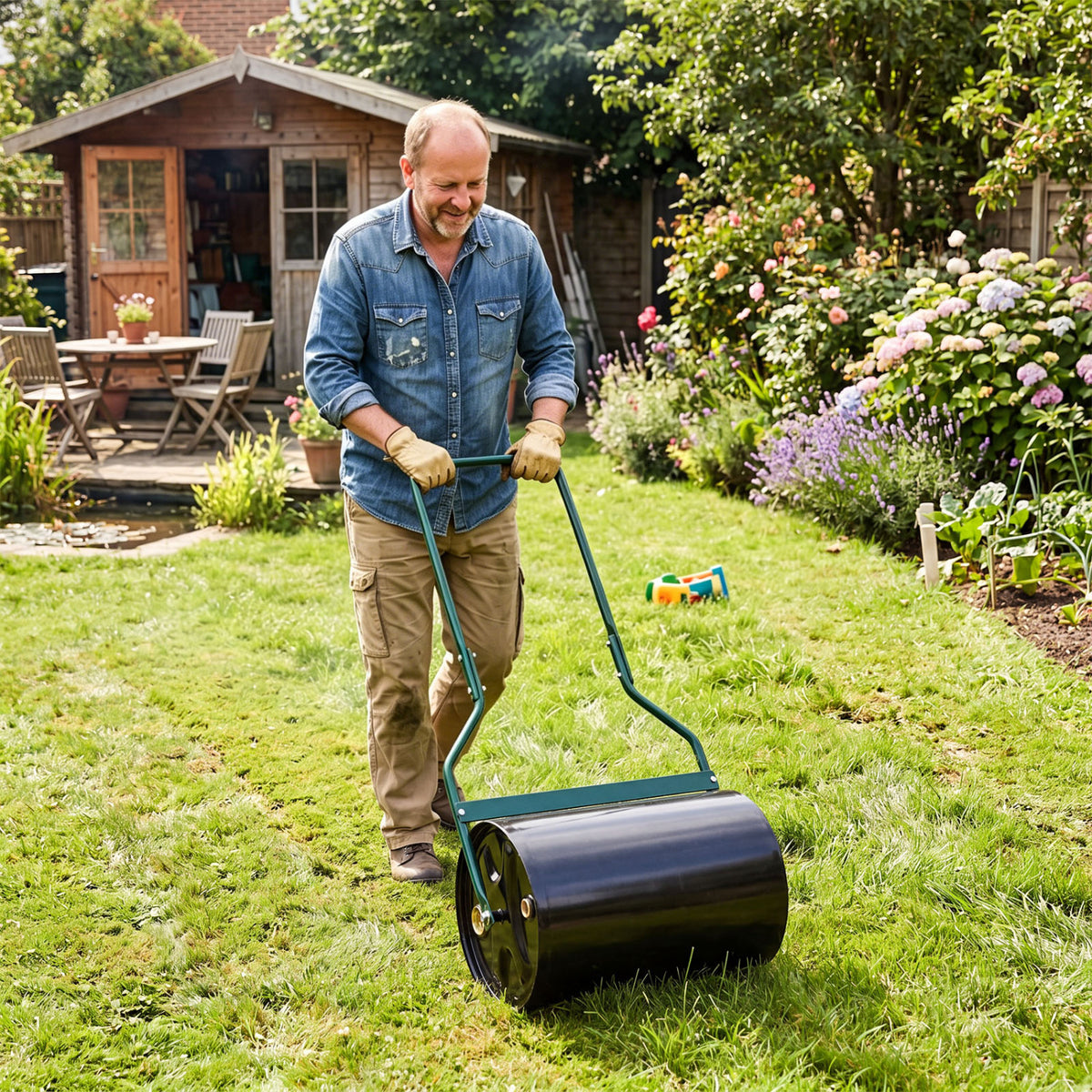 Lawn Roller 12 Gallon Water/Sand Filled Garden Drum with U-shape