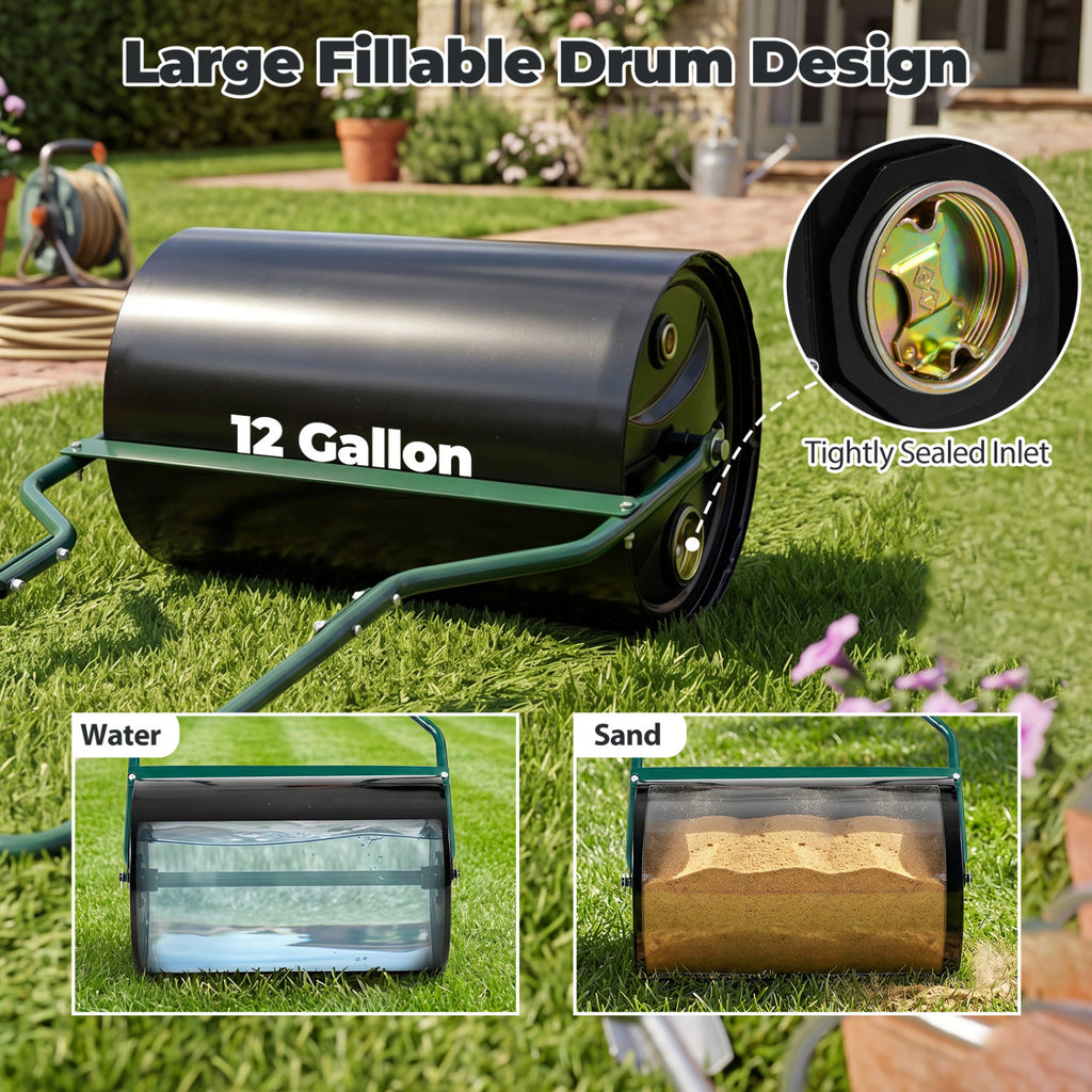 Lawn Roller 12 Gallon Water/Sand Filled Garden Drum with U-shape