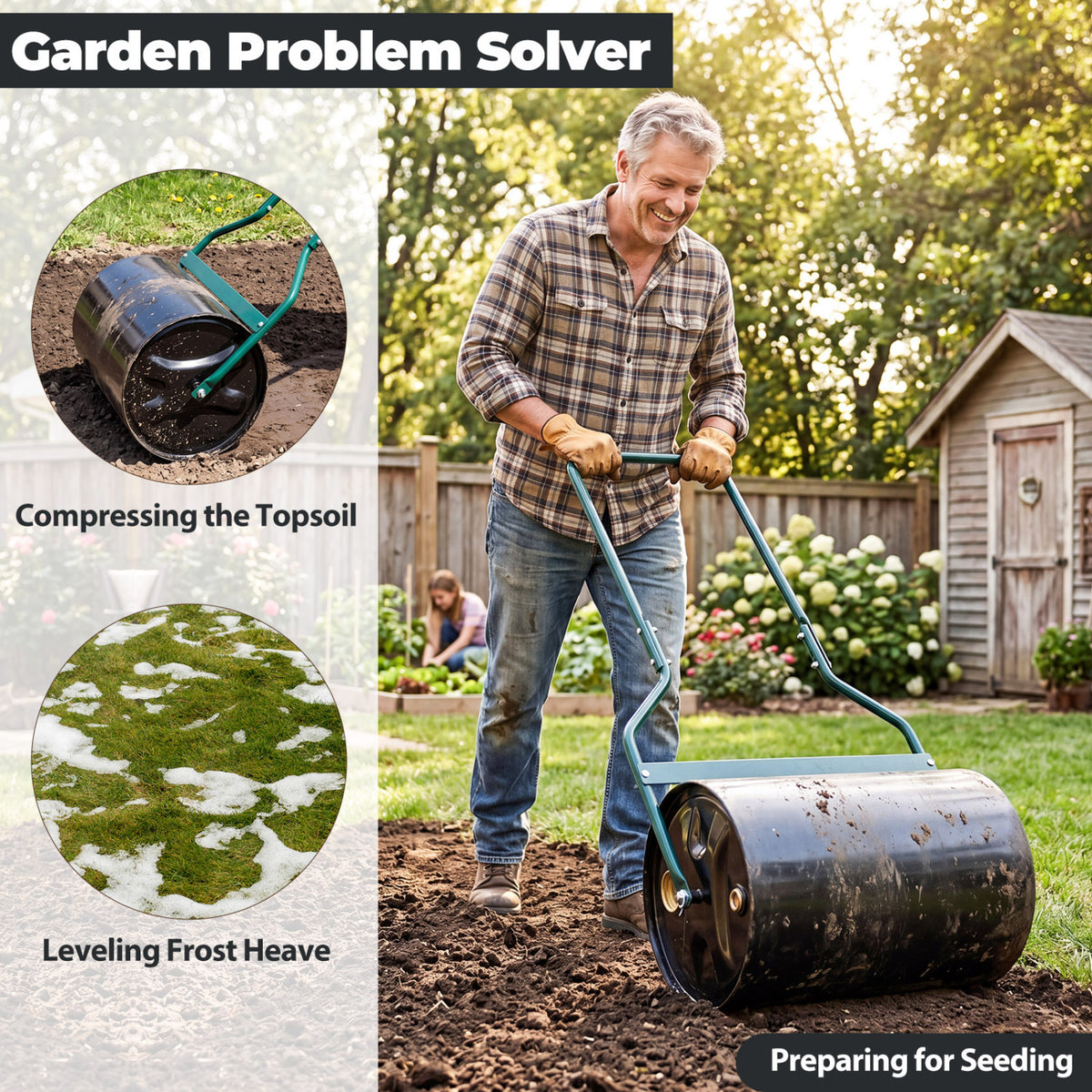 Lawn Roller 12 Gallon Water/Sand Filled Garden Drum with U-shape