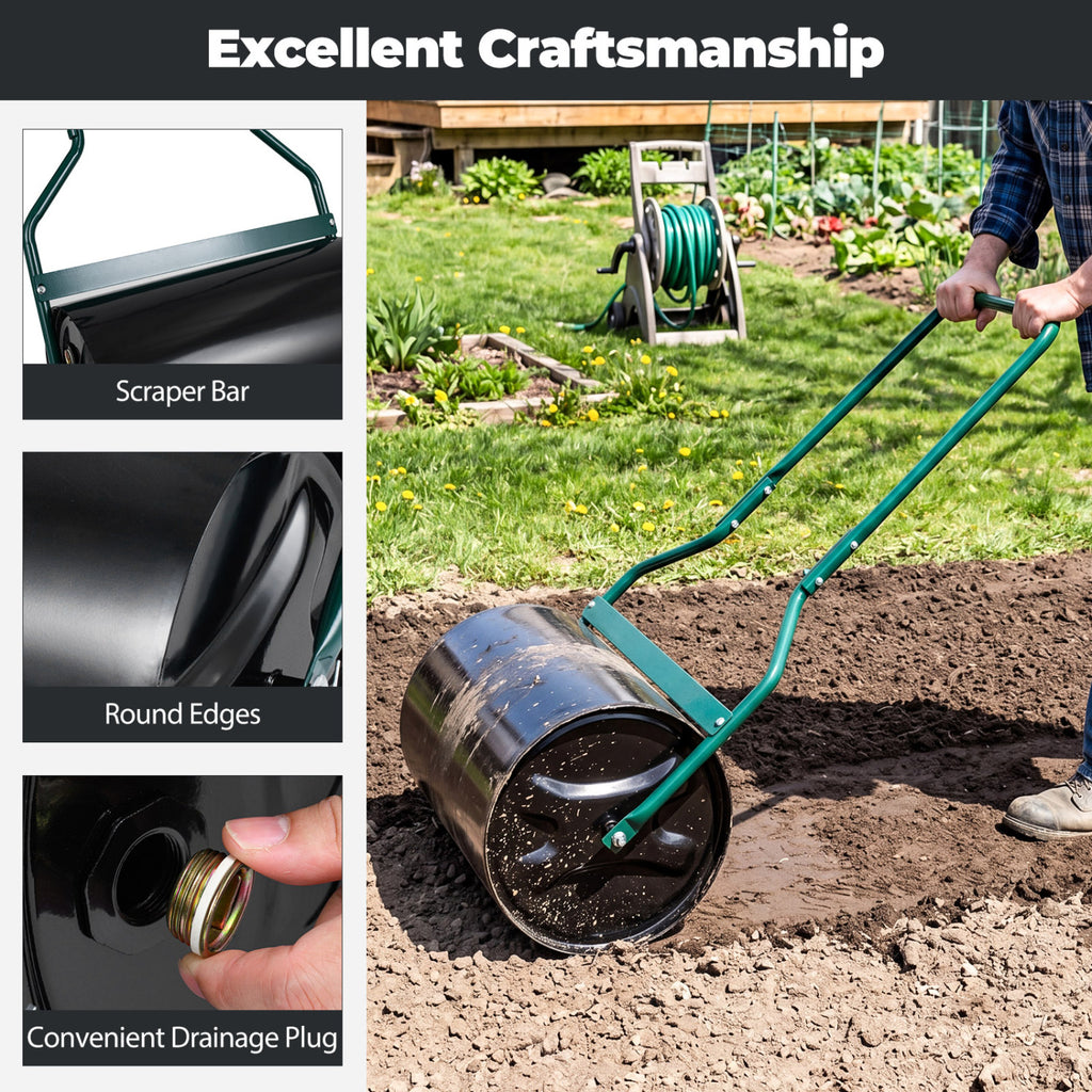 Lawn Roller 12 Gallon Water/Sand Filled Garden Drum with U-shape