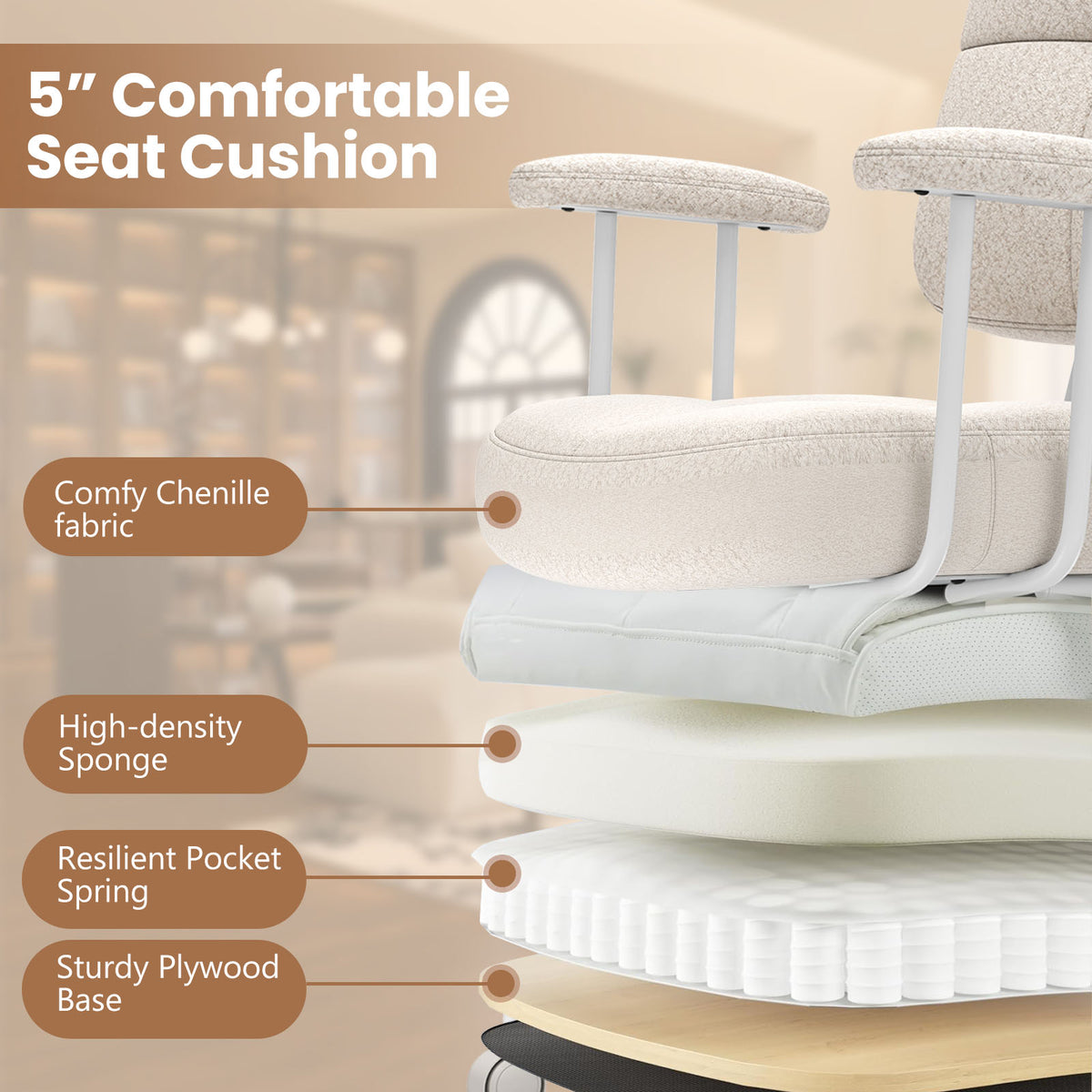 Ergonomic Upholstered Task Office Chair with Cushioned Back – Beige
